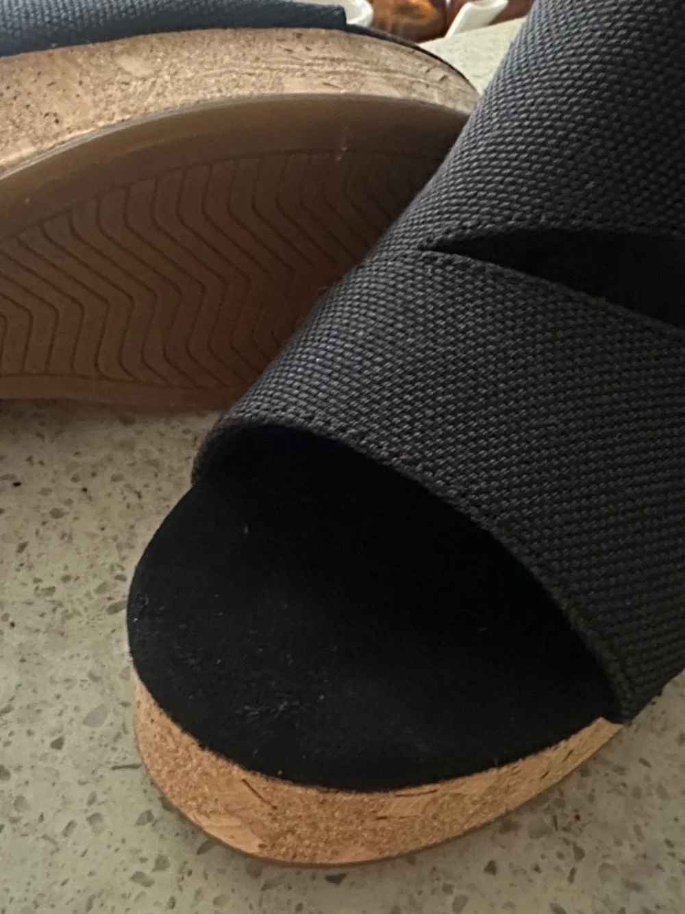 Toms Black Canvas Cork Wedge Slingback Sandals